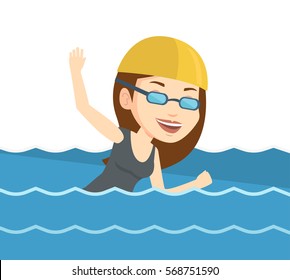 Young sportswoman in cap and glasses swimming in pool. Professional female swimmer in swimming pool. Woman swimming forward crawl style. Vector flat design illustration isolated on white background.