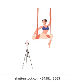 Young sportswoman cartoon character doing aerial yoga recording video tutorial for blog on phone