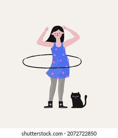 Junge Sportlerin, die Fitness-Übungen mit Hula-Hoop. Fröhliche Frau im Training mit Hoop für ihre Taille. Charaktere, die einen Hoop um die Taille drehen. Handgezeichnete Vektordesign-Illustration.