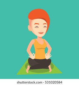 Young sportswoman meditating in yoga lotus pose. Caucasian sportswoman relaxing in the yoga lotus position. Sporty woman doing yoga on the mat. Vector flat design illustration. Square layout.