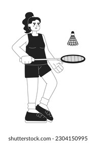 Young sportswoman playing badminton monochromatic flat vector character. Female athlete hitting shuttlecock. Editable thin line full body person on white. Simple bw cartoon spot image for web design