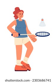 Young sportswoman playing badminton semi flat colorful vector character. Female athlete hitting shuttlecock. Editable full body person on white. Simple cartoon spot illustration for web graphic design