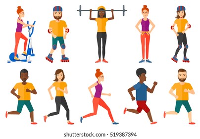 Young sportswoman running. Happy male athlete running. Sportsman in sportswear running. Woman on a diet measuring waistline. Set of vector flat design illustrations isolated on white background.