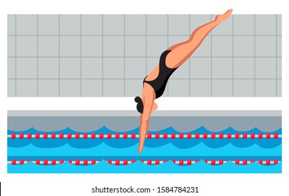 Young sportswoman in swimsuit jumping in flat cartoon pool. Diving swimming competition. Swimmer taking part in tournament. Water sport. Practicing and training. Vector cutout illustration
