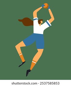 Young sportswoman volleyball player. Professional sports female hitting ball. Pretty Girl character. Vector illustration