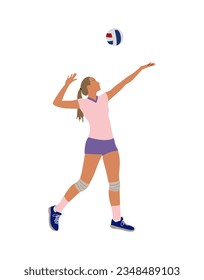 Young sportswoman volleyball player wearing colorful sportswear. Professional sports female hitting ball. Pretty Girl character. Vector illustration isolated on white background