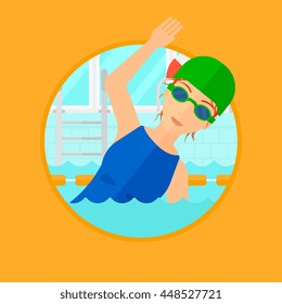 Young sportswoman wearing cap and glasses swimming in pool. Professional female swimmer in swimming pool. Vector flat design illustration in the circle isolated on background.