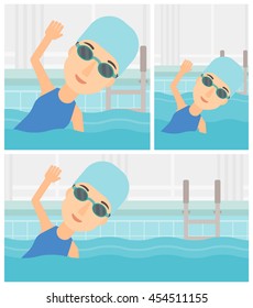 Young sportswoman wearing cap and glasses swimming in pool. Professional female swimmer in swimming pool. Vector flat design illustration. Square, horizontal, vertical layouts.