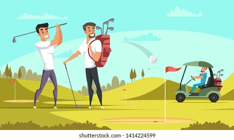 Young sporty businessmen playing golf flat illustration. Male friends at court vector drawing. Park, trees and hills on bright green background. Guy driving electric car, gathering balls