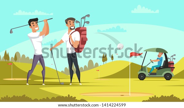 Young sporty businessmen playing golf flat\
illustration. Male friends at court vector drawing. Park, trees and\
hills on bright green background. Guy driving electric car,\
gathering balls