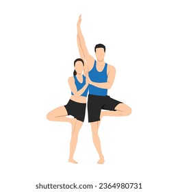 Junge sportliche Paare lächeln glücklich. Mit Lächeln auf Gesicht üben Yoga Bäume Pose. Couple Vrksasana. Flache Vektorgrafik einzeln auf weißem Hintergrund