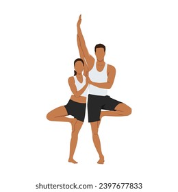 Young sporty couple smiling happy. Standing with smile on face practicing yoga doing tree pose. Couple Vrksasana. Flat vector illustration isolated on white background