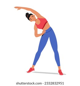 Young Sporty Fitness Trainer Woman Character Wear Blue Tracksuit Spend Time In Home Gym Tilt Body To Sides With Hand Stretch Lunge Exercise. Workout Sport Concept. Cartoon People Vector Illustration