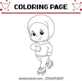 young sporty girl is doing roller skate road coloring page for kids