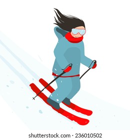 Young Sporty Girl Skiing Downhill in Mountains. Brightly colored happy woman skier. Vector illustration EPS10.