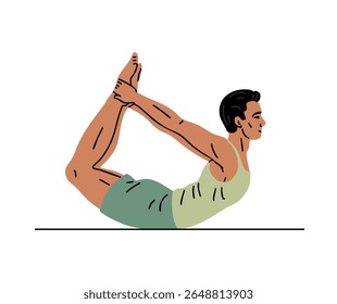 Jovem esportista fazendo ginástica. Pilates, ioga e alongamento. Cara fazendo ginástica. Corpo e saúde. Esporte atividade física. Ilustração vetorial isolada no branco