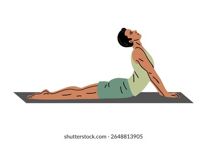 Jovem esportista fazendo ginástica. Pilates, ioga e alongamento. Cara fazendo ginástica. Corpo e saúde. Esporte atividade física. Ilustração vetorial isolada no branco