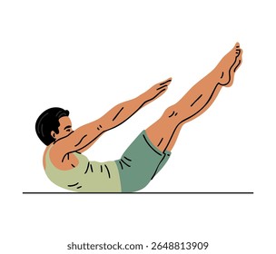 Jovem esportista fazendo ginástica. Pilates, ioga e alongamento. Cara fazendo ginástica. Corpo e saúde. Esporte atividade física. Ilustração vetorial isolada no branco