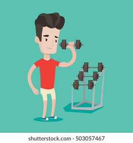 Young sporty man lifting a heavy weight dumbbell. Caucasian strong sportsman doing exercise with dumbbell. Male weightlifter holding dumbbell in the gym. Vector flat design illustration. Square layout