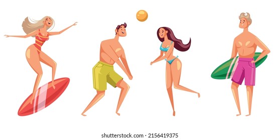 Young sporty man woman character playing sport game and surfing on beach resort concept isolated set. Vector flat cartoon graphic design illustration