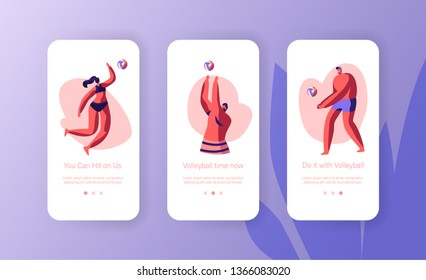 Young Sporty People Characters Play Volleyball on Beach Concept for Website or Web Page. Men and Women Hit Ball in Sport Tournament Mobile App Page Onboard Screen Set, Cartoon Flat Vector Illustration