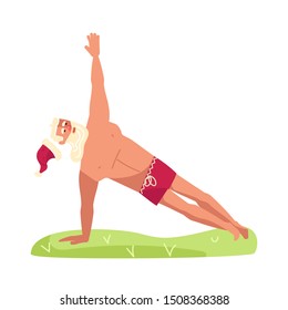 Young sporty Santa Claus standing in yoga pose, xmas fitness activity. Cute character isolated on white. Flat Art Vector illustration