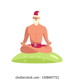 Young sporty Santa Claus standing in yoga pose, xmas fitness activity. Cute character isolated on white. Flat Art Vector illustration