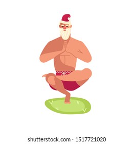 Young sporty Santa Claus standing in yoga pose, xmas fitness activity. Cute character isolated on white. Flat Art Vector illustration