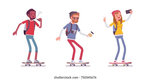 Young sporty skaters. Trendy people enjoy extreme riding a skateboard, having fun, wearing casual wear. Vector flat style cartoon illustration isolated on white background