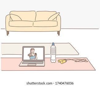 Young sporty slim woman preparing for online fitness training with modern laptop. Healthy lifestyle concept, online fitness and sport lessons. Hand drawn style vector design illustrations.