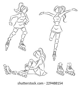 Young sporty woman or girl skates on roller blades.  Summer time and girl wears short skirt and shirt. Vector hand drawing by lines. Isolated image.