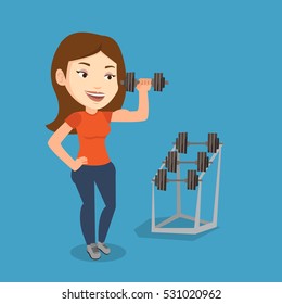 Young sporty woman lifting a heavy weight dumbbell. Caucasian strong sportswoman doing exercise with dumbbell. Weightlifter holding dumbbell in the gym. Vector flat design illustration. Square layout