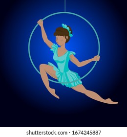 Young Sporty Woman practicing Aerial Acrobat in a Ring (Circus Hoop). Aerialists. Air gymnastics. Dance and fitness. Sport. Vector Illustration.
