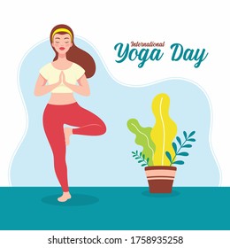Young sporty woman practicing yoga on 21st june international yoga day. Woman standing on one leg while practicing the tree yoga pose. 
Woman doing yoga & fitness exercises. Vector illustration.