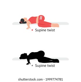 Young sporty woman practicing yoga, Supine twist. flat style. isolated on black background 