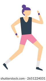 Young sporty woman with purple hair, wearing pink shorts and dark tank top is running, practicing jogging for fitness and health, isolated on white background