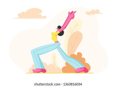 Young Sporty Woman with Slim Figure Wearing Sports Wear Training Outdoors, Female Character Doing Lunge with Hands Rising Up Side View, Sport and Active Healthy Life. Cartoon Flat Vector Illustration