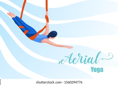 Young Sporty Woman in Sportswear practicing Aerial (aero) Yoga in a hammock. Anti gravity yoga pose. Flat Vector Illustration. Female Healthy Lifestyle Concept.
