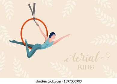 Young Sporty Woman in Sportswear practicing Aerial Acrobat in a Ring ( Circus Hoop ). Flat Vector Illustration. Female Healthy Lifestyle Concept.