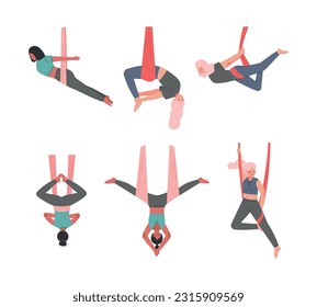 Young Sporty Woman in Sportswear Practicing Aerial Yoga with Silk Ribbon Vector Set