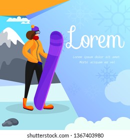Young Sporty Woman in Warm Clothing and Sunglasses Holding Snowboard on Beautiful Hills and Mountains Background. Highland Resort Social Media Promo Ad Template. Cartoon Flat Vector Illustration.