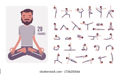 Young sporty yogi man practicing yoga character set, pose sequences. Handsome fit guy doing physical workout for mind and body exercise. Full length, different views, gestures, emotions, positions