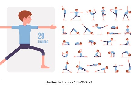 Young sporty yogi man practicing yoga character set, pose sequences. Healthy fit guy doing physical workout for mind and body exercise. Full length, different views, gestures, emotions, positions