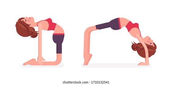 Young sporty yogi woman practicing yoga, doing Ustrasana, Camel pose and Bridge, Urdhva Dhanurasana exercise, attractive girl training for healthy habit workout. Vector flat style cartoon illustration