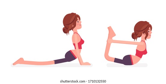 Young sporty yogi woman practicing yoga, doing Cobra, Bhujangasana pose, Dhanurasana, Bow exercise, attractive girl training for healthy habit workout, practice. Vector flat style cartoon illustration