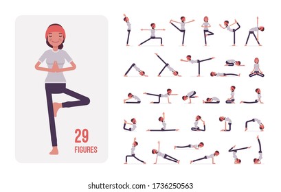 Young sporty yogi woman practicing yoga character set, pose sequences. Beautiful girl doing physical workout for mind and body exercise. Full length, different views, gestures, emotions, positions