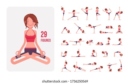 Young sporty yogi woman practicing yoga character set, pose sequences. Attractive girl doing physical workout for mind and body exercise. Full length, different views, gestures, emotions, positions