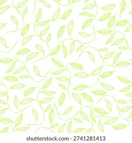Young spring leaves. Willow branch summer leaves floral vector seamless pattern. Thin contour twig veins doodle. Organic sallow foliage summer motif. Abstract stylized tree leaves endless pattern.