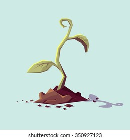 Young sprout and dirt. Vector illustration.