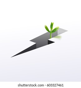 Young sprout with growing through crack. Vector illustration. Four leaves sprout. Beginning creative concept.